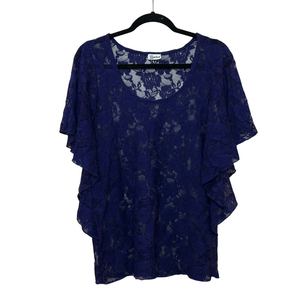 y2k Lace Top Womens Small Blue Floral Sheer Flutter Sleeve Romantic Coquette